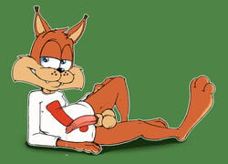 ! anthro balls blue_eyes bobcat bottomless bubsy bubsy_(series) claws clothed clothing emenius erection felid feline fur half-closed_eyes looking_at_viewer lying lynx male male_only mammal on_side penis precum shirt smile solo video_games