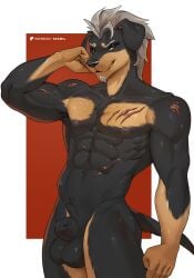 abs animal_genitalia animal_penis anthro areola balls bedroom_eyes biceps canid canine canine_genitalia canis digital_media_(artwork) domestic_dog fully_sheathed fur genitals hair half-closed_eyes hi_res looking_at_viewer male mammal muscular muscular_anthro muscular_male narrowed_eyes nipples nude pecs penis scar seductive sheath simple_background smile solo standing tail teeth yasmil