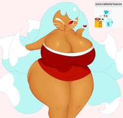 1girls breasts cookie_run female fox fox_girl fox_tail funny heart huge_breasts kumiho_cookie nine_tailed_fox red_eyes somberflyblown thick_thighs wink