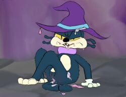 acecraft after_sex anthro bodily_fluids clothing condom condom_inside cum cum_in_mouth cum_inside domestic_cat felid feline felis female genital_fluids genitals gloves handwear hat headgear headwear hi_res magic_user mammal sexual_barrier_device sitting solo srjakbee vulva witch witch_hat