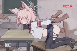 1boy 1girls animal_ear_fluff animal_ears blue_archive blue_eyes blue_halo blush dark-skinned_male fox_ears fox_girl frown halo hand_on_head holding_another's_wrist insertion ju_ge niko_(blue_archive) petite pink_hair recording sailor_collar school_uniform serafuku sex skirt vaginal_penetration