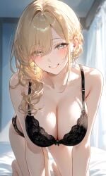 ai_generated crawling crawling_pose impacter lingerie lingerie_bra lingerie_only lingerie_panties looking_at_viewer mature mature_female on_bed smiling smiling_at_viewer unknown_character wife wife_material