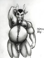 2019 anthro balls belly belly_hair big_belly black_hair body_hair bovid bovine cattle chest_hair demden_(artist) ear_piercing ear_ring european_mythology facial_piercing genitals greek_mythology hair happy_trail hi_res male mammal minotaur muscular muscular_male mythology navel nipples nose_piercing nose_ring nude one_eye_closed penis piercing pregnant pregnant_male ring_piercing septum_piercing septum_ring solo tongue tongue_out traditional_media_(artwork)