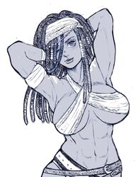 african african_female arms_up black_and_white black_female breasts cleavage dark-skinned_female dark_skin darli_dagger dreadlocks hair_over_eye monochrome muscular pose samurai_shodown sketch snk underboob video_games