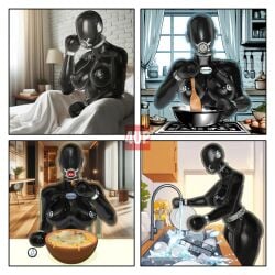 1girl 1girls blindfold blindfolded bondage comic comic_page drone drone_suit drone_transformation droneification dronesuit femsub latex latex_bodysuit latex_hood latex_suit masked masked_female tagme_(artist)