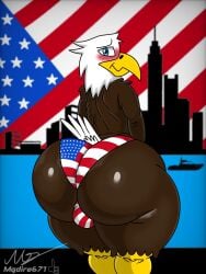 2026 4th_of_july absurd_res accipitrid accipitriform american american_eagle american_flag anthro avian bald_eagle balls beak big_butt bird blue_eyes boat brown_body brown_feathers bubble_butt bulge butt city city_background cityscape digital_media_(artwork) eagle feathers flag_underwear hi_res holidays huge_butt looking_at_viewer mgdire671 panties pinup pose river sea_eagle sexy smile tail tail_feathers thick_thighs underwear united_states_of_america us_flag wide_hips yellow_beak