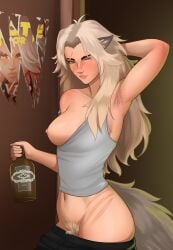 absurd_res absurdres alcohol_bottle arm_behind_head arm_up armpit_crease armpit_fetish armpit_hair armpits boobs boobs_out bottle drunk hairy hairy_armpits hairy_pussy high_resolution highres mavexion midriff midriff_baring_shirt midriff_peek pubes pubes_exposed pussy_hair shorts_down silver_(deadlock) sleepy tail