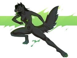 2019 4_toes 5_fingers anthro black_fur canid canine canis coyote female fur green_eyes green_tongue mammal nipples nude pussy rayley simple_background smile solo teeth toes tongue