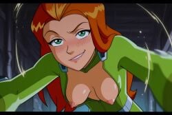 1girl ai ai_art ai_generated all_fours biting_own_lip blush bodysuit breasts breasts_out green_bodysuit green_eyes grin hanging_breasts indoors letterboxed lips long_hair looking_at_viewer medium_breasts naughty_face nipples no_bra open_bodysuit orange_hair red_hair smile solo totally_spies unzipped
