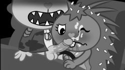 16:9 axsian bear big_penis bodily_fluids breasts car dripping driving_car duo female flaky_(htf) flippy_(htf) genital_fluids genitals greyscale happy_tree_friends hi_res licking male male/female mammal monochrome oral penile penis penis_lick porcupine precum precum_drip questionable_consent rodent sex sharp_teeth teeth tongue vehicle widescreen