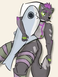 3:4 absurd_res anthro bedroom_eyes canid canine choker cigarette clothing collar digital_media_(artwork) dzabka27 ear_piercing erica_(dzabka27) female full-length_portrait fur green_eyes green_markings grey_body grey_fur hair half-closed_eyes hi_res hyena jewelry legwear mammal markings narrowed_eyes necklace nipple_piercing nipples pattern_clothing pattern_legwear piercing portrait purple_hair purple_markings seductive short_hair smoking solo striped_clothing striped_legwear stripes tail thigh_highs