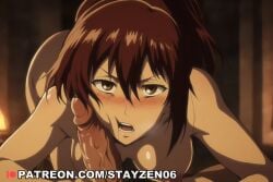 1boy 1girl ai ai_art ai_generated all_fours anime_coloring blush breasts brown_eyes brown_hair cheek_press completely_nude erection hair_between_eyes hetero indoors large_breasts looking_at_viewer medium_breasts nipples nude open_mouth penis penis_on_face ponytail pov saliva shingeki_no_kyojin solo_focus uncensored veins veiny_penis