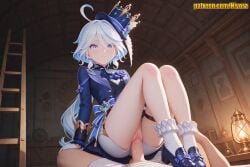 1boy 1girl ahoge ai_generated ascot blue_ascot blue_eyes blue_footwear blue_hair blue_headwear blue_jacket blush bottomless bow breasts censored closed_mouth clothed_sex cowgirl_position cowlick dress frilled_socks furina_(genshin_impact) genshin_impact girl_on_top gloves hair_between_eyes hat hetero heterochromia indoors jacket knees_up legs light_blue_hair long_hair long_sleeves looking_at_viewer mismatched_pupils multicolored_hair nivora penis pov pussy sex shoes short_hair short_shorts shorts sitting sitting_on_person socks solo_focus straddling streaked_hair thigh_strap thighs top_hat uncensored vaginal vision_(genshin_impact) white_gloves white_hair white_shorts white_socks