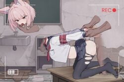 1boy 1girls 3boys animal_ear_fluff animal_ears blood blue_archive blue_eyes blue_halo blush corpse dark-skinned_male death decapitation deepthroat empty_eyes fox_ears fox_girl frown gore guro halo holding_another's_wrist insertion ju_ge necrophilia niko_(blue_archive) petite pink_hair recording reverse_deepthroat sailor_collar school_uniform serafuku sex skirt skull_fucking snuff thrusting vaginal_penetration