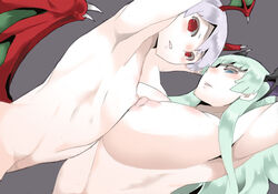 aqua_hair armpits blue_eyes blush breast_press breasts capcom darkstalkers demon_girl flat_chest from_below head_wings huge_breasts incest large_breasts lilith_aensland long_hair looking_at_viewer morrigan_aensland nipples open_mouth pink_hair red_eyes ryu3224 short_hair sisters succubi succubus succubus_wings symmetrical_docking wings yuri