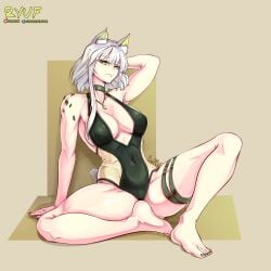 1girl alternate_version_at_source alternate_version_available arknights cat_ears cat_girl cleavage kal'tsit_(arknights) looking_at_viewer one-piece_swimsuit oripathy_lesion_(arknights) patreon_logo patreon_reward resized ryufboi solo subscribestar_logo subscribestar_username swimsuit thick_thighs thighlet