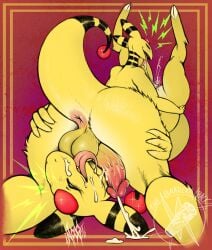 absurd_res ampharos anthro anus backsack balls bodily_fluids clitoral_hood cum cum_in_mouth cum_inside cum_on_face cum_on_ground cum_on_penis drooling duo ejaculation female generation_2_pokemon genital_fluids genitals hi_res humanoid_genitalia humanoid_penis incogneat-o inner_labia looking_pleasured low-angle_view male male/female nintendo penis pokemon pokemon_(species) saliva vaginal_fluids vaginal_squirting vulva