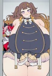 2girls ai_generated anya_melfissa breast_press breast_smother breasts breasts_bigger_than_head gigantic_breasts gigantic_hips height_difference hololive hololive_indonesia huge_breasts kureiji_ollie mini_giantess sweat tall_female two-know virtual_youtuber wide_hips