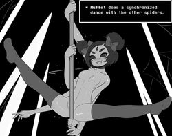 1girls 5_eyes 6_arms anthro arachnid arthropod arthropod_humanoid fangs female haaru hairbow hairbuns muffet naked_thighhighs nude small_breasts smirk spider spider_girl spider_humanoid spread_legs stripper_pole stripping suspended_in_midair thighhighs undertale video_games