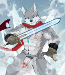 2019 5_fingers abs anthro biceps black_nose canid canine canis chang52084 clothed clothing digital_media_(artwork) fur gloves hi_res humanoid_penis male male_only mammal melee_weapon muscular muscular_male nipples pecs penis scarf sword tattoo weapon wolf