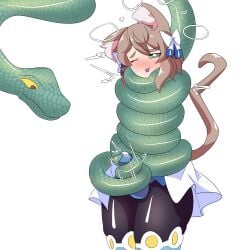 1boy 2023 brown_hair bulge cat_ears cat_tail catboy coiling coils ear_tuft erection erection_under_clothes felix_argyle femboy girly hair_ornament hair_ribbon hi_res hypnotic_eyes hypnotized kaa_eyes male male_only malesub one_eye_closed re:zero_kara_hajimeru_isekai_seikatsu smile snake sonazthewho tail tailjob thick_thighs white_background