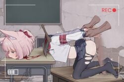1boy 1girls animal_ear_fluff animal_ears blood blue_archive blue_eyes blue_halo blush corpse dark-skinned_male death decapitation empty_eyes fox_ears fox_girl frown gore guro halo holding_another's_wrist insertion ju_ge necrophilia niko_(blue_archive) petite pink_hair recording sailor_collar school_uniform serafuku sex skirt snuff thrusting vaginal_penetration