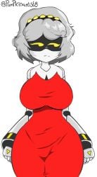 female female_focus female_only grey_hair hand_on_hip murder_drones pumpkinartist8 red_dress showing_boobs showing_breasts solo solo_female solo_focus tagme v_(murder_drones) video white_background