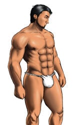 1boy 2012 black_hair bulge cornerreflector fundoshi gay male male_only muscular nipples original simple_background solo white_background white_fur yaoi