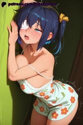 1girl 1girls ahoge ai ai_assisted ai_generated anime artist_name bare_shoulders blue_eyes blue_hair blush breast_press breasts chuunibyou_demo_koi_ga_shitai! cleavage collarbone dibzprintz dress eyepatch floral_print hair_ribbon hi_res high_quality high_resolution highres large_breasts medical_eyepatch one_side_up open_mouth patreon_logo patreon_username ribbon short_hair solo strap_slip sweat takanashi_rikka teeth tongue upper_teeth_only watermark web_address white_dress yellow_ribbon