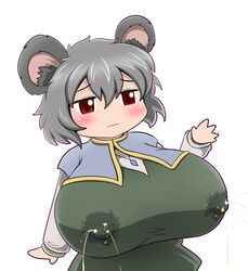 1girls big_breasts black_fur blush breasts collar cookie_(touhou) dress gigantic_breasts huge_breasts kaigun_bakuryou lactation large_breasts milk mouse_ears nazrin nyon_(cookie) red_eyes team_shanghai_alice touhou white_background white_hair