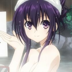 anime_girl ass_length_hair date_a_live delicate_features delicate_hands hot_spring naked_female purple_eyes purple_hair yatogami_tohka