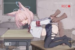 1boy 1girls animal_ear_fluff animal_ears blue_archive blue_eyes blue_halo blush dark-skinned_male fox_ears fox_girl frown halo holding_another's_wrist insertion ju_ge niko_(blue_archive) petite pink_hair recording sailor_collar school_uniform serafuku sex skirt thrusting vaginal_penetration
