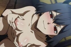 1girl ai ai_art ai_generated black_clover black_hair blush breasts closed_mouth collarbone completely_nude demon_horns female_pubic_hair grabbing_own_breast horns looking_at_viewer medium_breasts navel nipples nude pubic_hair red_eyes short_hair sitting smile solo