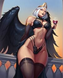 ai_generated big_breasts black_armwear black_bra black_legwear black_panties black_wings crown dota_2 looking_at_viewer queen stockings vengeful_spirit_(imperia) wide_hips wine wine_glass