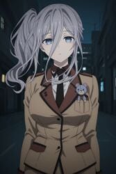 1girl ai ai_art ai_generated black_necktie blue_eyes breast_pocket breasts brown_jacket brown_necktie brown_skirt buttons collared_shirt date_a_live grey_hair hair_between_eyes jacket large_breasts long_bangs long_hair long_sleeves looking_at_viewer military military_uniform necktie night outdoors parted_lips pocket road shirt side_ponytail sidelocks skirt solo street stuffed_animal stuffed_toy teddy_bear uniform upper_body white_shirt