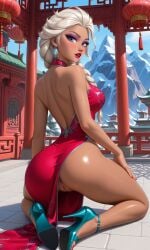 1girls ai_assisted ai_generated anus ass back back_view backless_outfit bare_arms bare_ass bare_back bare_legs bare_shoulders bare_thighs blonde_hair blue_eyes blush braid breasts brown-skinned_female brown_skin china_dress chinese_architecture chinese_clothes day disney disney_channel disney_princess dress earrings east_asian_architecture elsa_(frozen) eyebrows eyelashes eyeliner eyeshadow female from_behind frozen_(film) frozen_2 hair_over_shoulder hi_res high_heels hourglass_figure jewelry kneeling lantern large_breasts lipstick long_eyelashes long_hair looking_at_viewer looking_back makeup mascara medium_breasts mountain nail_polish narrow_waist no_panties outdoors parted_lips petite petite_body petite_female platinum_blonde_hair purple_eyeshadow realistic rear_view red_dress red_lips red_nails shiny_skin snow solo_focus toenail_polish toenails very_high_heels waifufamily wide_hips