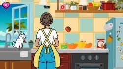 apron ass_crack ass_focus cat cooking dancing jeans kitchen music nintendo nintendo_switch pothosdark rhythm_heaven rhythm_heaven_groove rhythm_tengoku sink swaying_hips tropical tropical_setting