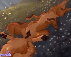 5:4 absurd_res animal_genitalia animal_vulva anus big_ears big_eyes blue_eyes bodily_fluids brown_body brown_fur brown_markings brown_nose canid canine canine_genitalia canine_vulva canis digital_media_(artwork) female feral fluffy fluffy_tail fox fur fur_markings genital_fluids genitals grass hi_res light looking_at_viewer lying mammal markings on_back on_grass on_ground pawpads paws plant presenting presenting_anus presenting_vulva shyryp smile solo spread_legs spreading sunlight tail tan_body tan_fur vaginal_fluids vulva