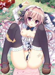 beret bra breasts breasts_out clothed convenient_censoring hair_ornament hair_ribbon lace lace_thighhighs loafers long_hair lying lying_on_back nipples no_panties nopan open_bra open_shirt panties pantsu panty_pull school_uniform seifuku shiwasu_horio shoes skirt_lift thighhighs tied_hair twintails
