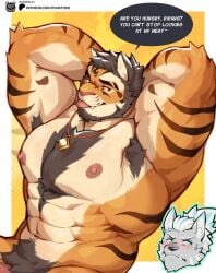 2boys abs animal_ears armpit_hair armpits arms_behind_head artist_logo artist_name bara blush chest_hair completely_nude english_commentary english_text fang fang_out furry furry_male head_only heterochromia highres jewelry lee_taeho_(xxl) logo looking_at_viewer looking_to_the_side male_focus multiple_boys muscular muscular_male navel necklace nipples nude paid_reward_available patreon_logo patreon_username pectorals ponytail punktoso shin_rirang_(xxl) smile speech_bubble sweatdrop tiger_boy tiger_ears tiger_stripes tongue tongue_out whiskers wolf_boy wolf_ears xxl_woofia