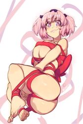 +_+ ass between_legs black_bow blue_eyes blush bound bow breast_squeeze breasts cleavage commentary english_commentary eyebrows_visible_through_hair female full_body hand_between_legs hibari_(senran_kagura) highres large_breasts lips maiz-ken multicolored multicolored_eyes nose_blush pink_eyes pink_hair plantar_flexion red_bow red_ribbon ribbon ribbon_bondage senran_kagura short_twintails skindentation solo thick_thighs thighs toes twintails two_side_up v_arms