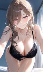 ai_generated crawling crawling_pose impacter lingerie lingerie_bra lingerie_only lingerie_panties looking_at_viewer mature mature_female on_bed smiling smiling_at_viewer unknown_character wife wife_material