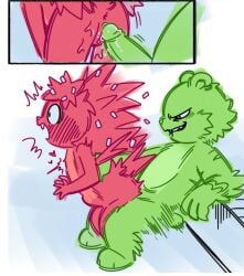 anthro bear duo female flaky_(htf) flippy_(htf) genitals green_body happy_tree_friends male male/female mammal motion_lines penetration penis porcupine ra-ta red_body rodent sex surprise_sex surprised vulva