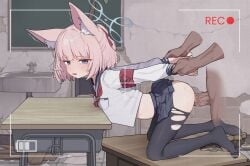 1boy 1girls animal_ear_fluff animal_ears blue_archive blue_eyes blue_halo blush dark-skinned_male fox_ears fox_girl frown halo holding_another's_wrist insertion ju_ge niko_(blue_archive) petite pink_hair recording sailor_collar school_uniform serafuku sex skirt thrusting vaginal_penetration