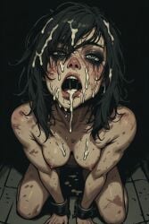 after_oral ai_generated bruised cuff_(restraint) cum_in_mouth cum_on_face cum_on_hair femsub kneeling messy_hair perchance_ai running_mascara sex_slave submissive_female tired_eyes uneven_eyes