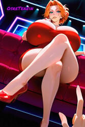 ai_generated anime big_breasts big_woman bleach crossed_legs flirting gigantic_breasts heels hips legs low_view matsumoto_rangiku nightclub orange_hair pov rangiku_matsumoto red_dress shinigami