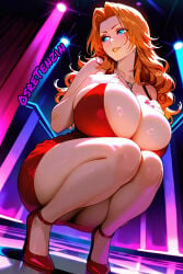 ai_generated anime big_breasts big_woman bleach flirting gigantic_breasts heels hips kneeling legs low_view matsumoto_rangiku nightclub orange_hair pov rangiku_matsumoto red_dress shinigami