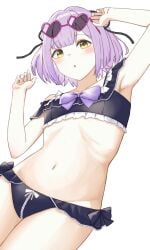 1girl :o arm_up armpits bikini black_bikini black_ribbon blunt_bangs blush bow bow_bikini clothing cowboy_shot eyewear eyewear_on_head female flat_chest frilled_bikini frills hair_ribbon heart-shaped_eyewear looking_at_viewer lying navel official_alternate_costume on_back open_mouth parted_lips pink-framed_eyewear purple_bow purple_hair ribbon ribs shinomiya_runa short_hair simple_background solo stomach sunglasses swimsuit two_side_up virtual_youtuber vspo! white_background yellow-framed_eyewear yellow_eyes