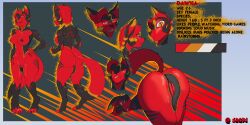 angry anthro biting_lip black_fur blush butt character_name curious dawna fangs fox furry genital_fluids genitals jagri model_sheet nude nude_female orange_eyes piercing presenting_hindquarters raised_tail red_fur smile smiling_at_viewer smirk standing tail teeth vulva
