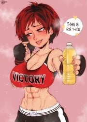 1girl abs averting_eyes big_breasts black_gloves black_shorts blush blush_lines blushing book bottle breasts cleavage collarbone commentary dated dead_or_alive embarrassed english_commentary english_text female_pubic_hair fingerless_gloves gloves heart highres holding holding_book huge_breasts looking_to_the_side mila_(doa) muscular muscular_female navel open_mouth pee pee_in_container pink_background piss piss_bottle piss_in_bottle plastic_bottle pubic_hair pubic_hair_peek randomboobguy red_eyes red_hair red_sports_bra short_hair shorts signature solo speech_bubble sports_bra sweat teeth upper_teeth_only urine urine_in_bottle urine_in_container
